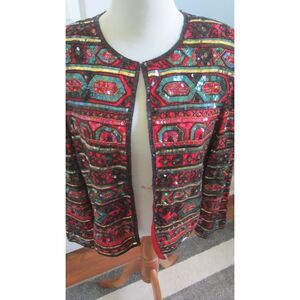 STUNNING ADRIANNA PAPELL BEADED EVENING SILK JACKET TONES OF RED,GREEN & GOLD LG